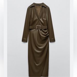 Zara Faux Leather midi dress - Olive Khaki